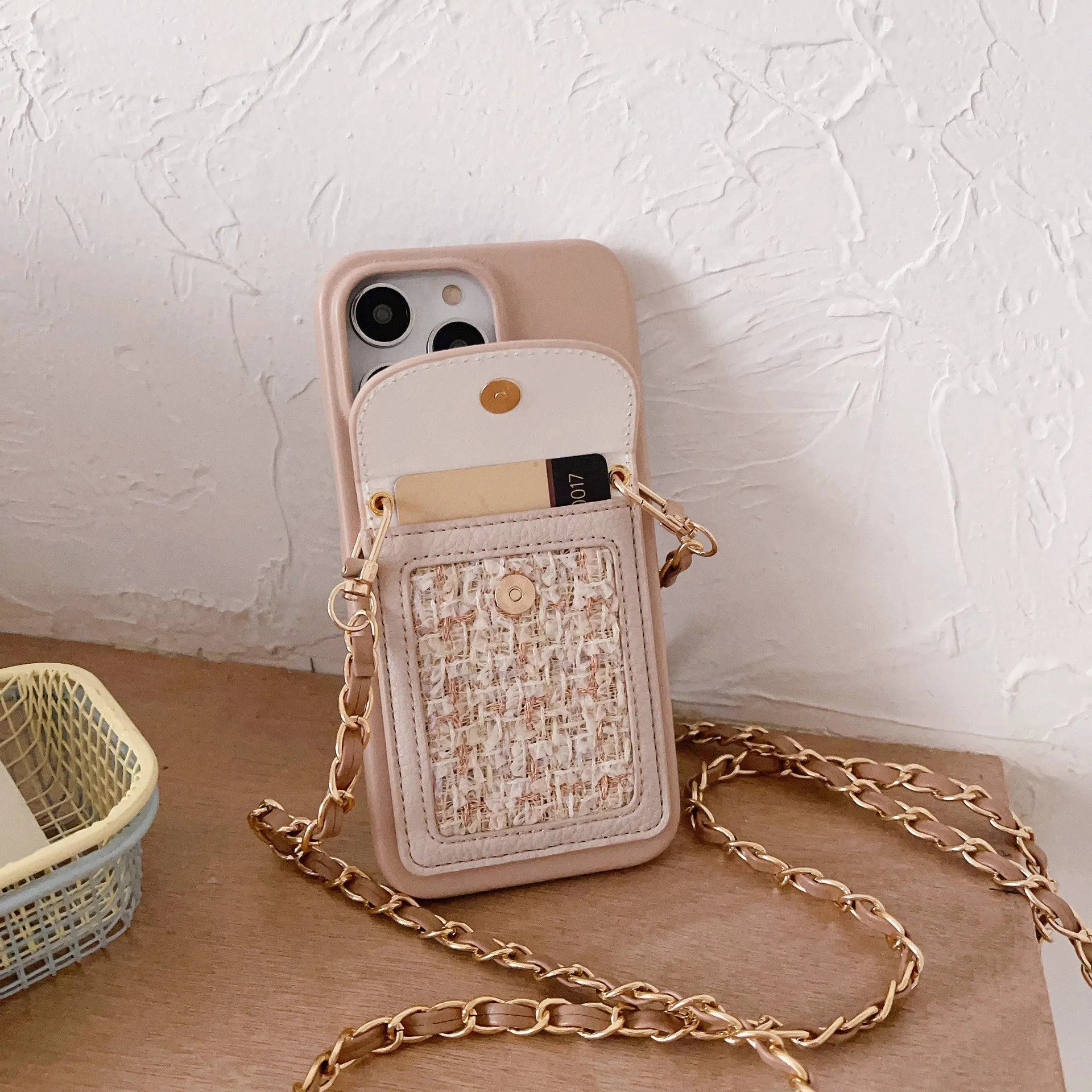 PU leather crossbody chain card holder back phone case in black with frosted finish