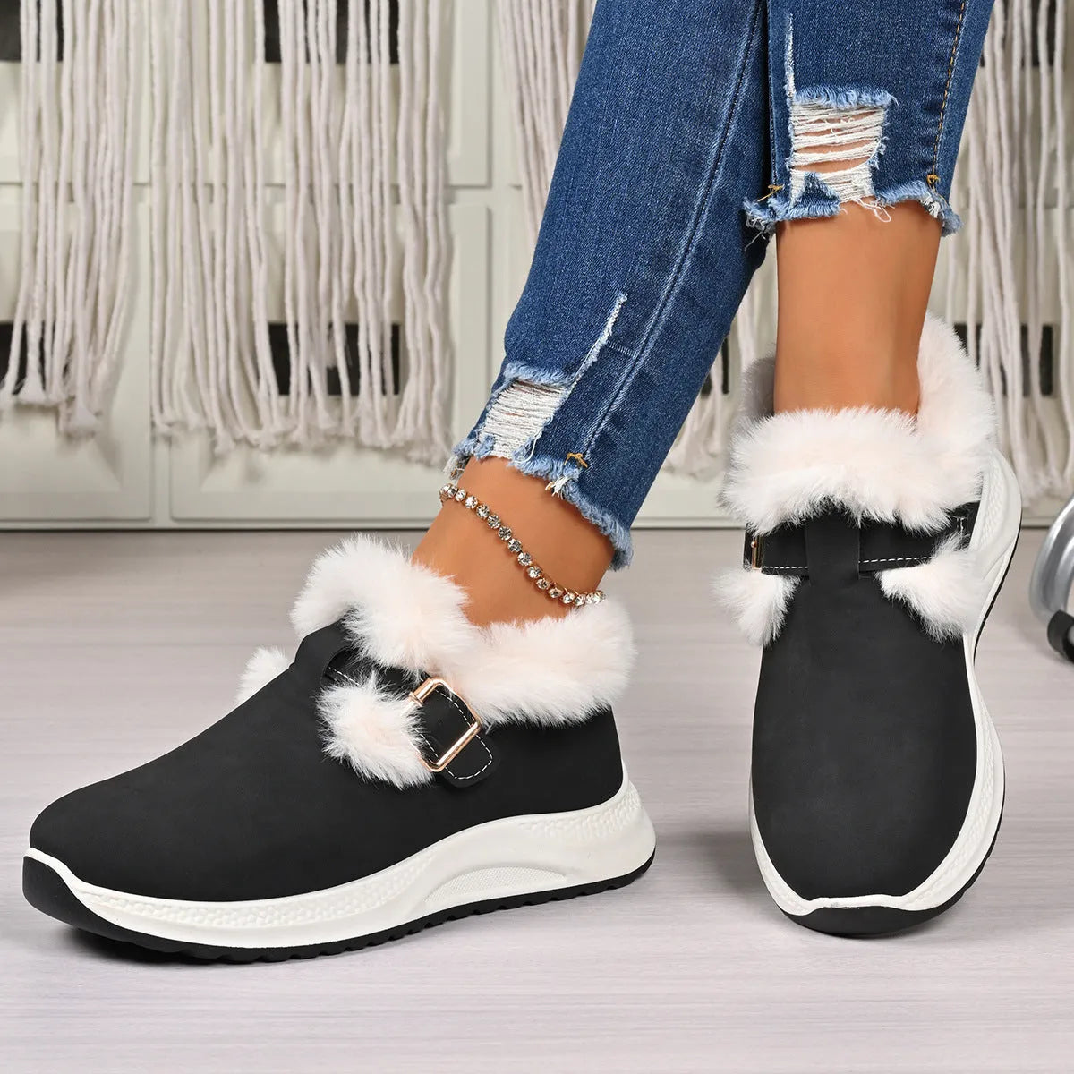 Winter women's slip-on platform fluffy cotton shoes in black with belt buckle detail
