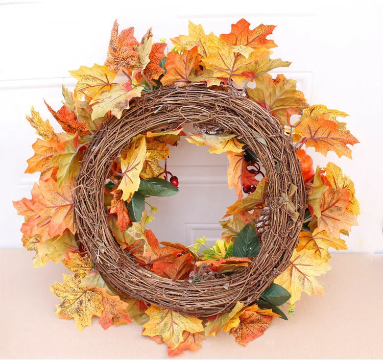 Simulation autumn pumpkin wreath with fabric leaves, berries, pine cones on natural vine ring, 50cm diameter