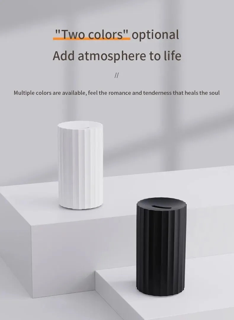 Black and white USB humidifier diffuser with simulated flame LED lights and water tank