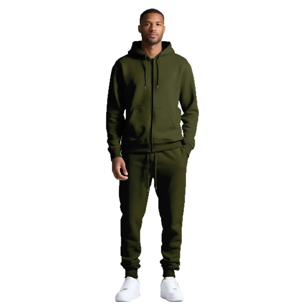Men's hooded sportswear set in black with long sleeve jacket and long pants, cotton-polyester blend.