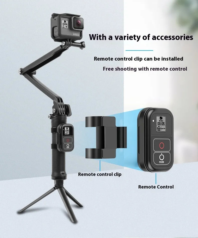 Black portable folding tripod stand for GoPro Hero action cameras in open and closed positions.