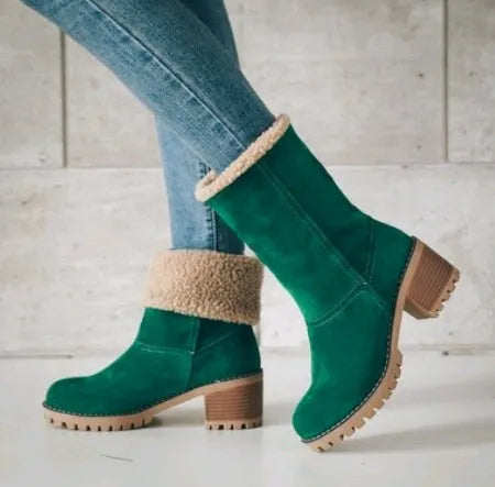 Women's suede mid-tube snow boots in multiple colours with a round toe and low thick heel.