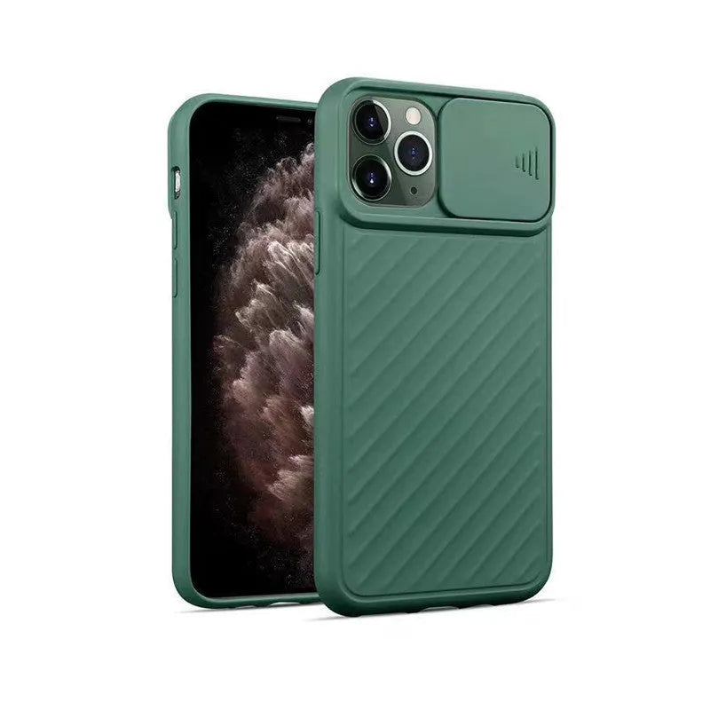 Soft TPU iPhone case with slide camera lens protector and matte back cover in black, green and blue