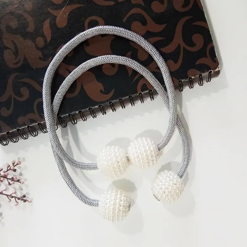 Magnetic curtain tiebacks with pearl beads in Beige, Coffee, Gray and other colours, holding curtain fabric back
