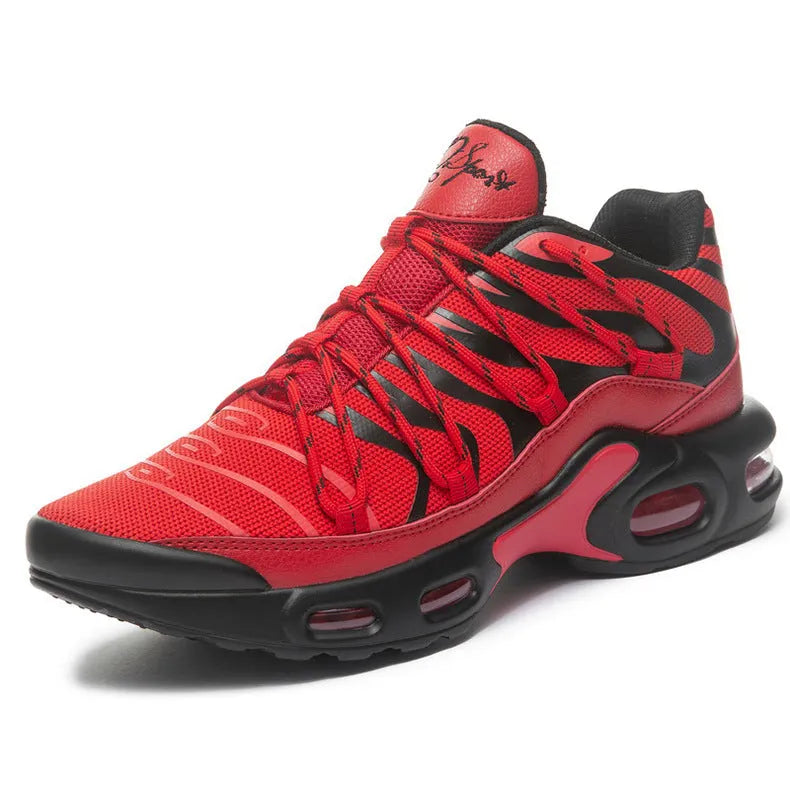 Men's black mesh lace-up sports shoes with white rubber sole and stripe detailing, low-top design