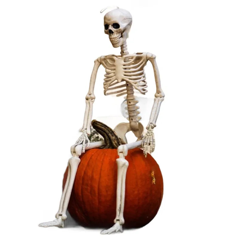 90cm tall posable plastic skeleton Halloween decoration on a white background