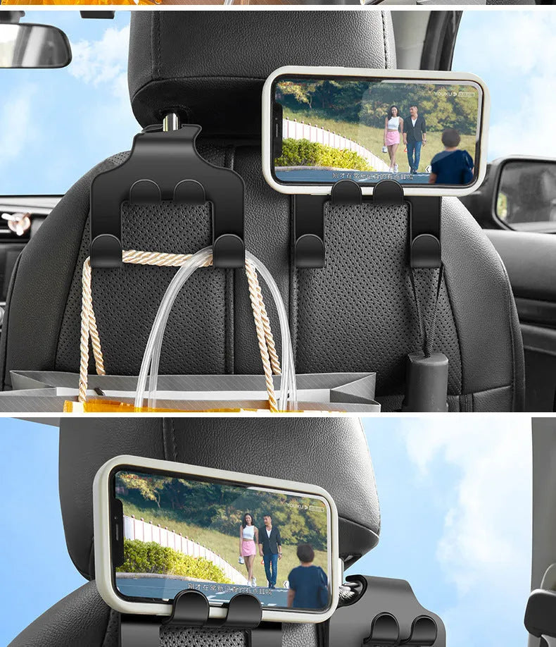 Car phone holder with multifunctional hooks made from black ABS plastic with suction cup mount