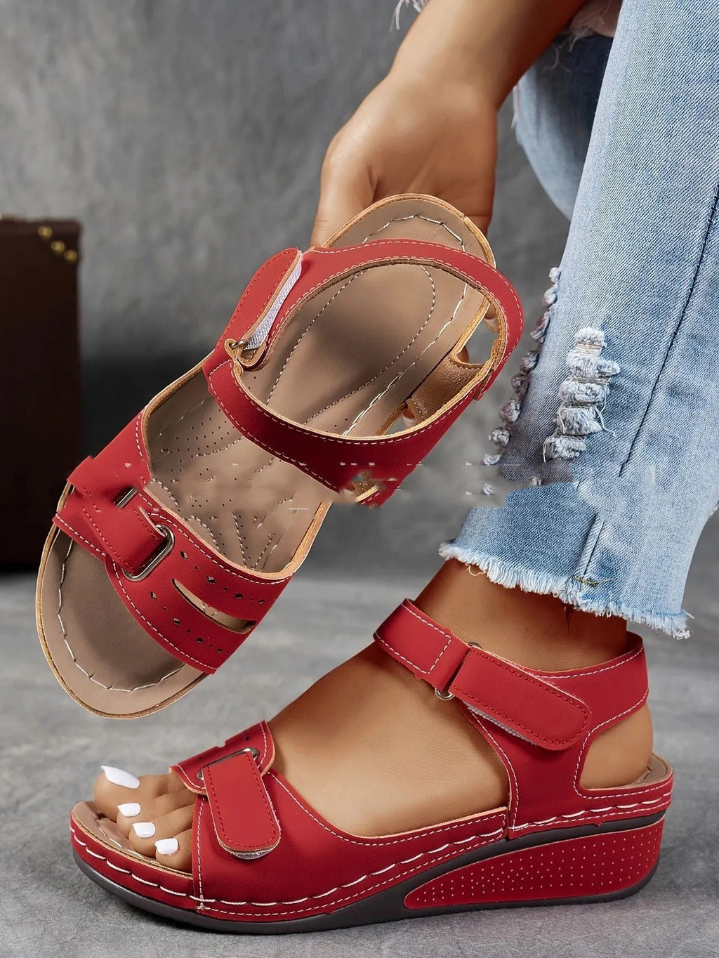 Beige plus size strap sandals with a thick composite sole and Velcro closure on a white background.
