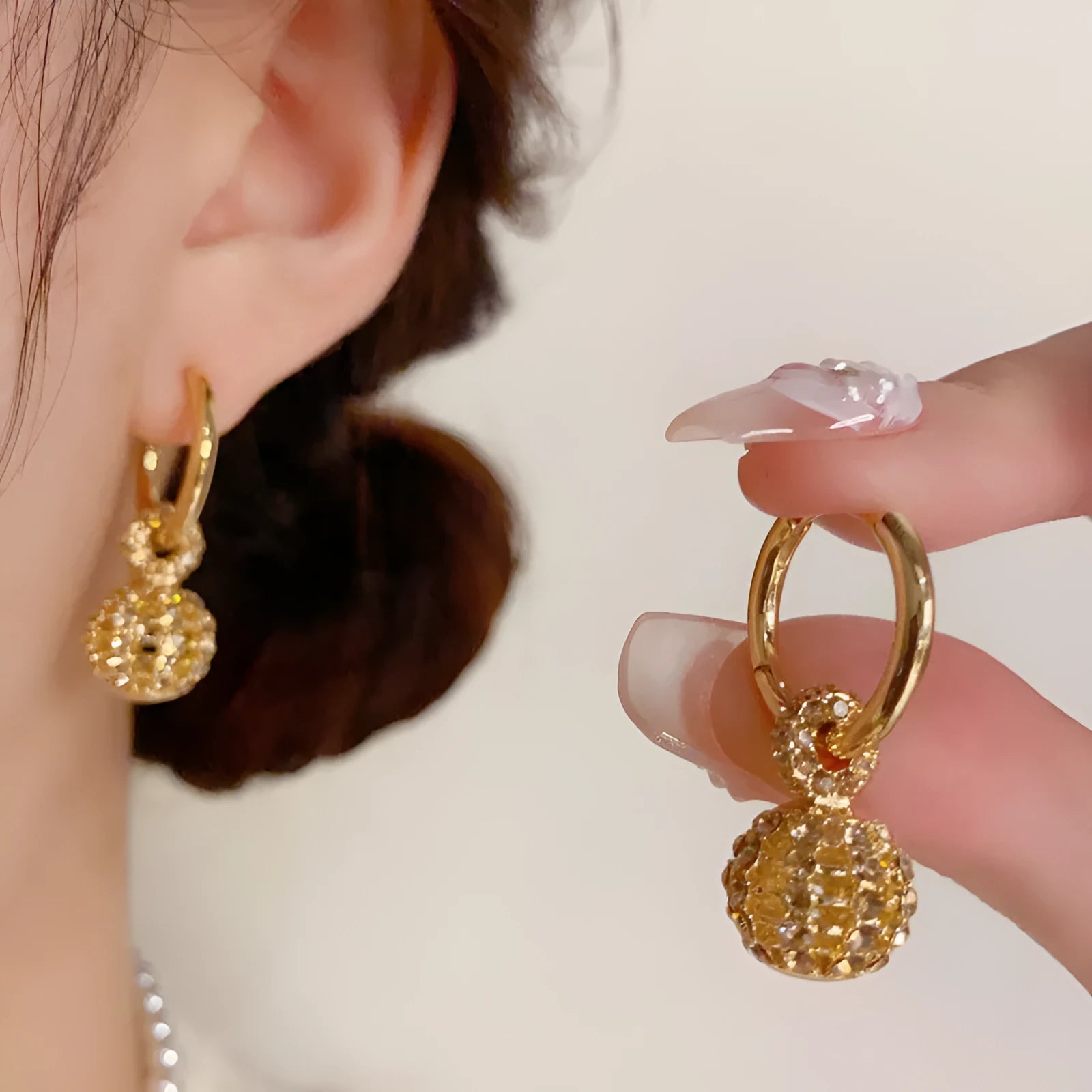 Coffee colour full diamond hollow ball ear clip with thick real gold plating on copper base