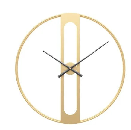 Round metal wall clock with 50cm diameter in black or gold finish on white wall