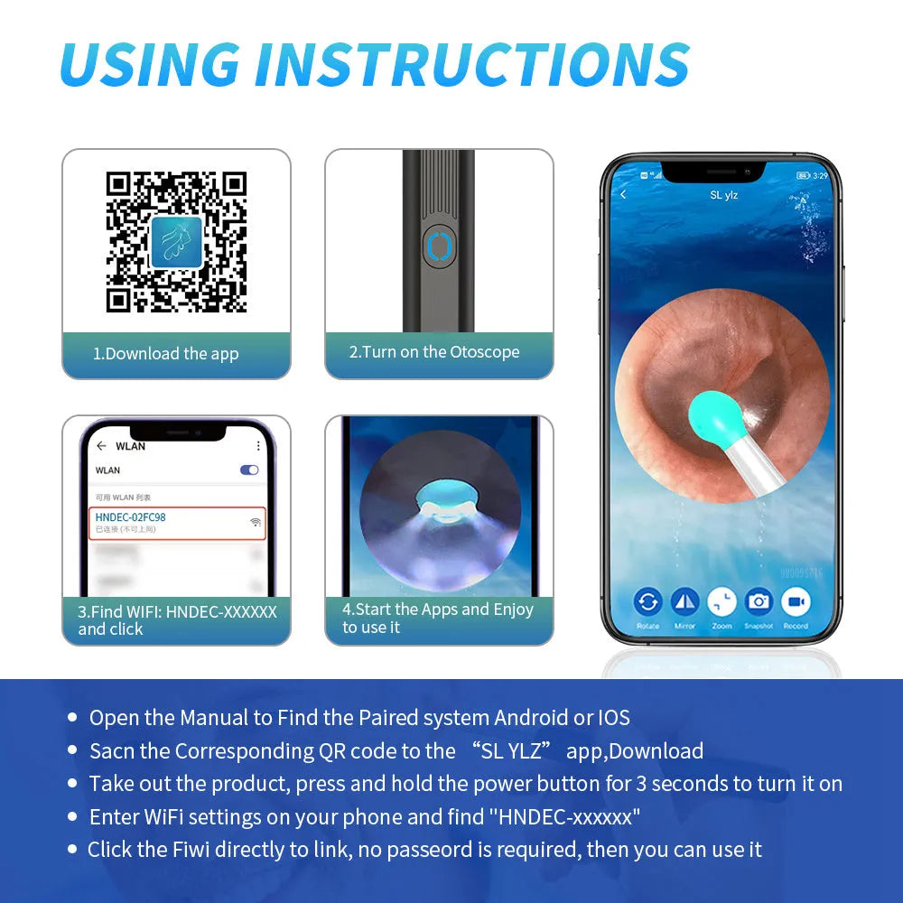 NE3 wireless otoscope ear cleaner with camera, LED light, and spoon heads on a white background.