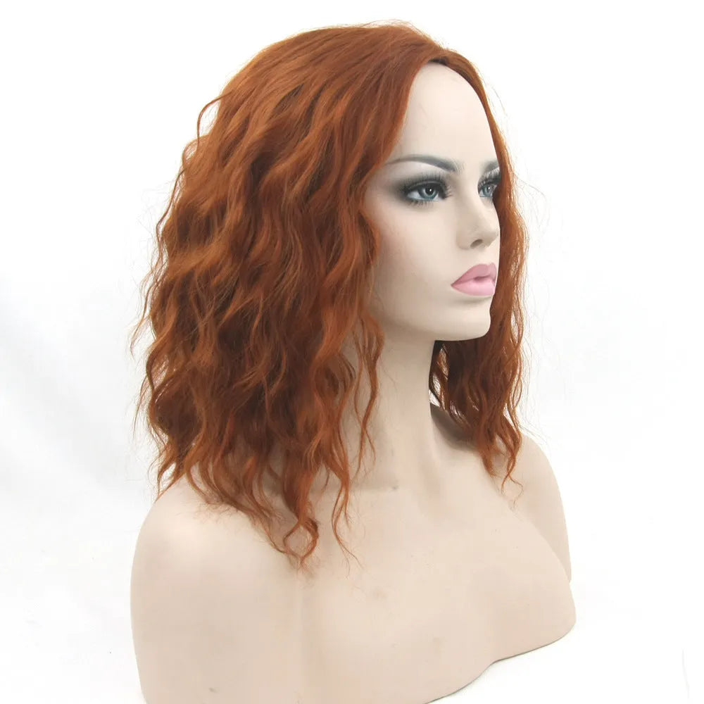 Black high temperature silk short curly hair cosplay wig cap on mannequin head front view