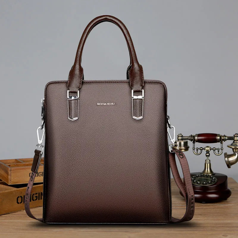 Men's PU leather business handbag with litchi pattern, horizontal square shape, telescopic handle, black or brown