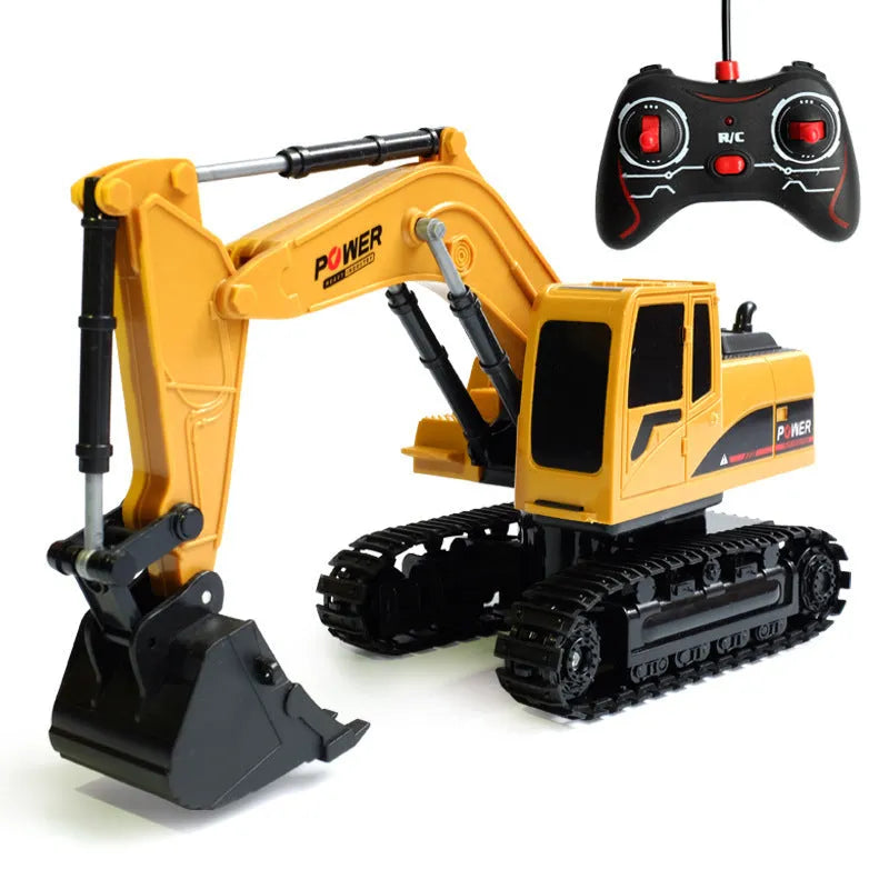 Black alloy remote control excavator with yellow boom arm and handle remote controller on white background