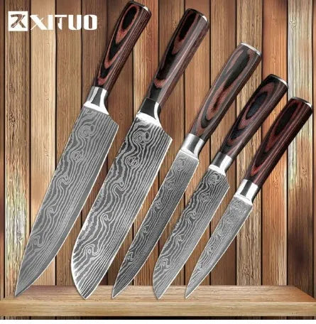 7Cr17 stainless steel kitchen knife with laser Damascus pattern on blade and colour steel handle.