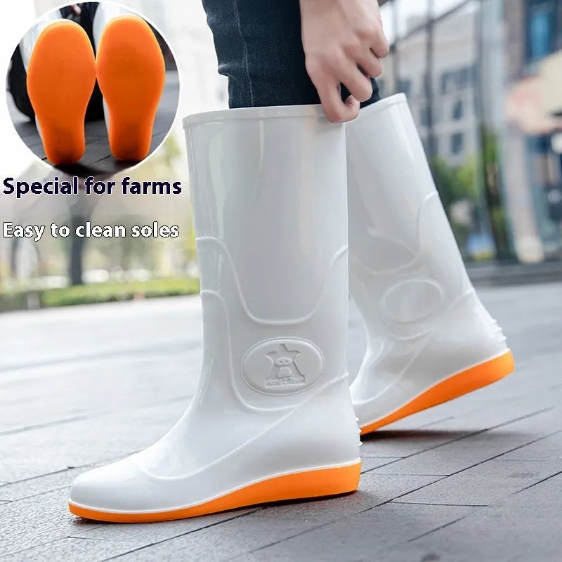 Flat plastic rain boots in white and yellow colours with high tube design