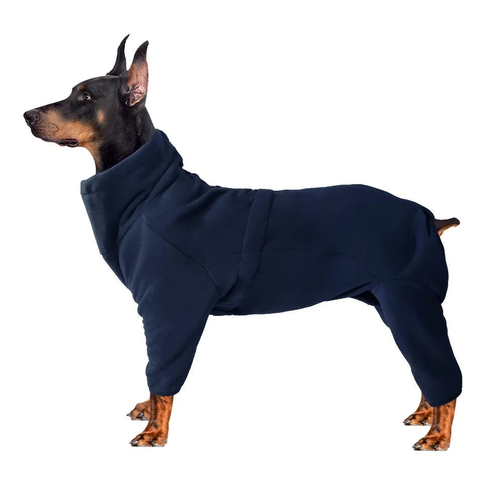 Polar fleece dog coat in blue, four-legged windproof design for large dogs