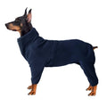 Polar fleece dog coat in blue, four-legged windproof design for large dogs