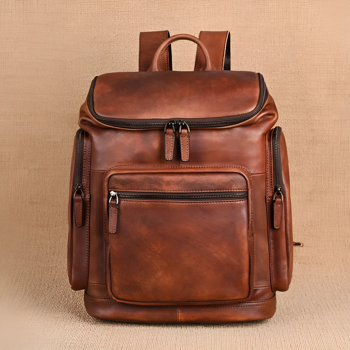 Genuine leather 14 inch men's backpack in light brown with retro patchwork and polyester cotton lining