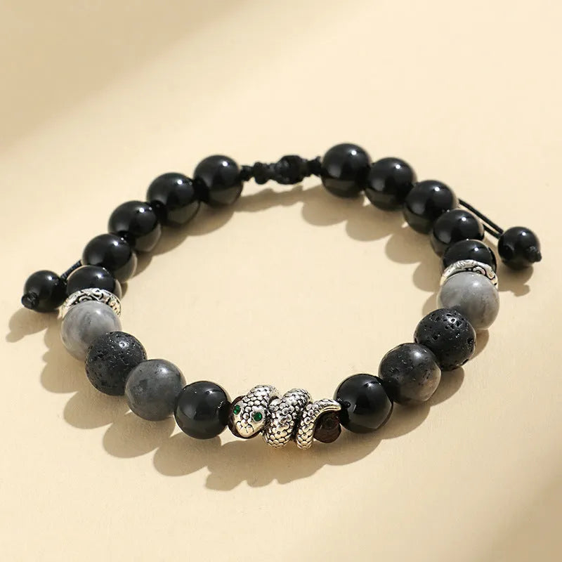 Black and white agate couple bracelets with blessing snake design and handcrafted manual processing