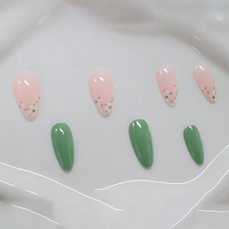New Simple Fake Nails Set White Little Flower Long Green Section Almond Shaped Wearable Nail Art for Ladies Black Jelly Glue Rub Yellow Jelly Glue Rub Colour CW680