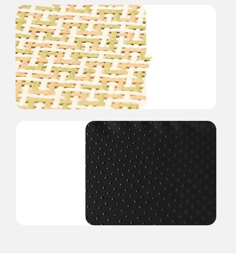 Beige woven cooling mat for cats and dogs on a wooden floor, showing size M