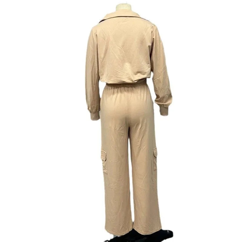 Women's light camel polyester lapel top and high waist wide leg trousers two-piece workwear set