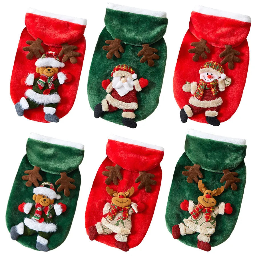 Flannel pet Christmas costume for small cats and dogs, green Santa design, size M, unisex casual style