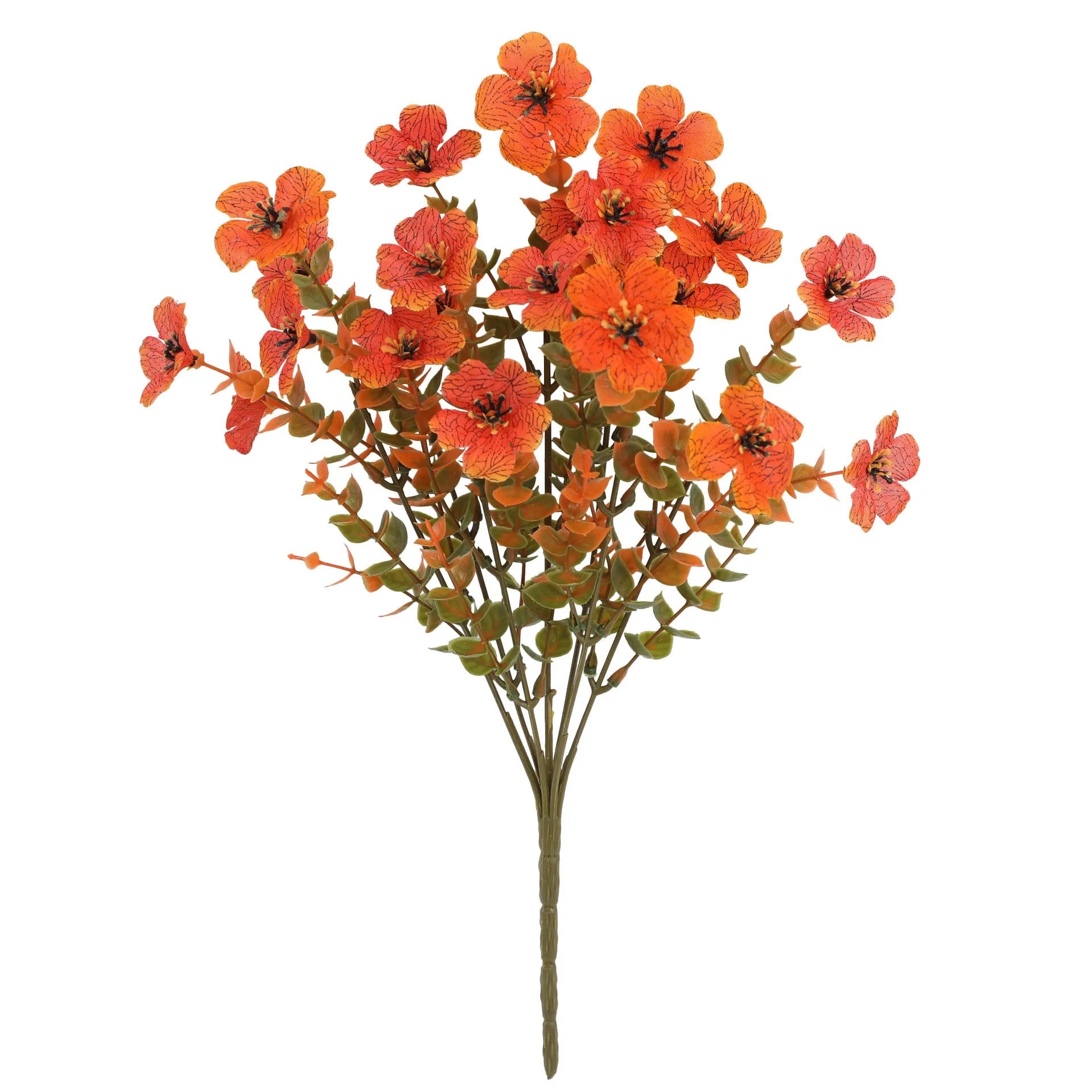 Artificial silk flower bouquet in autumn red, yellow, and orange colours for home or wedding decoration.