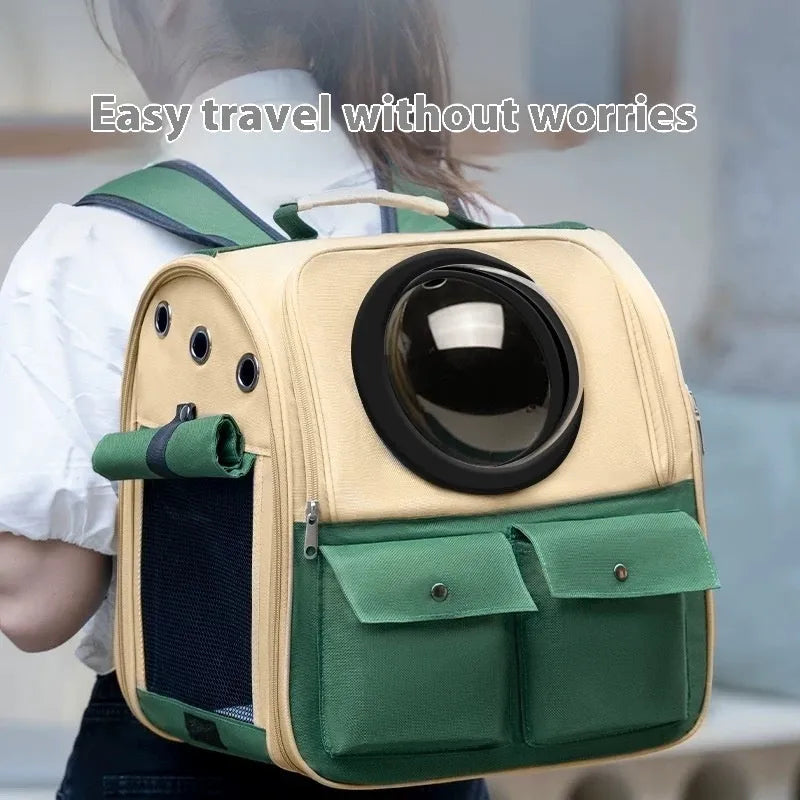 Cat space capsule portable large capacity pet backpack in khaki with green colour for cats up to 7kg