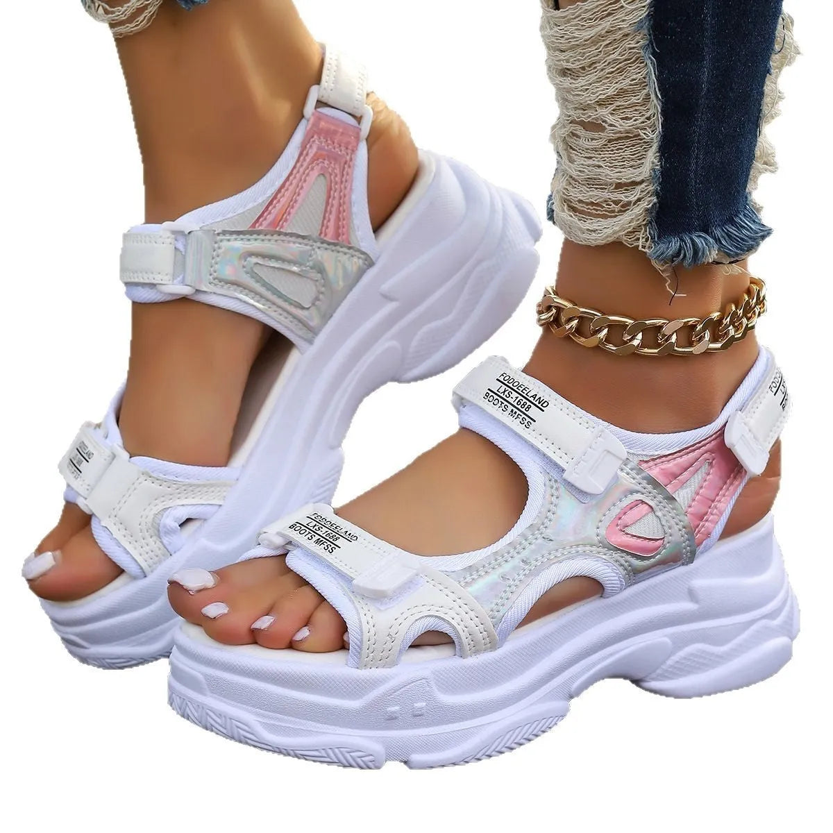 Women's white PU Roman platform sandals with a rubber sole on a plain background.