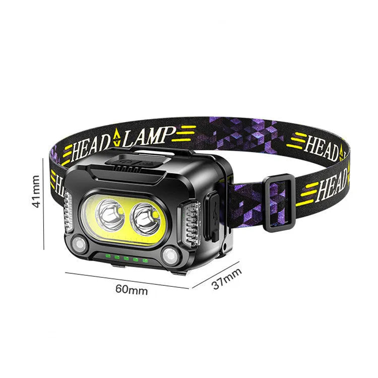 Black COB strong light headlamp with 200 metre beam for night running and fishing