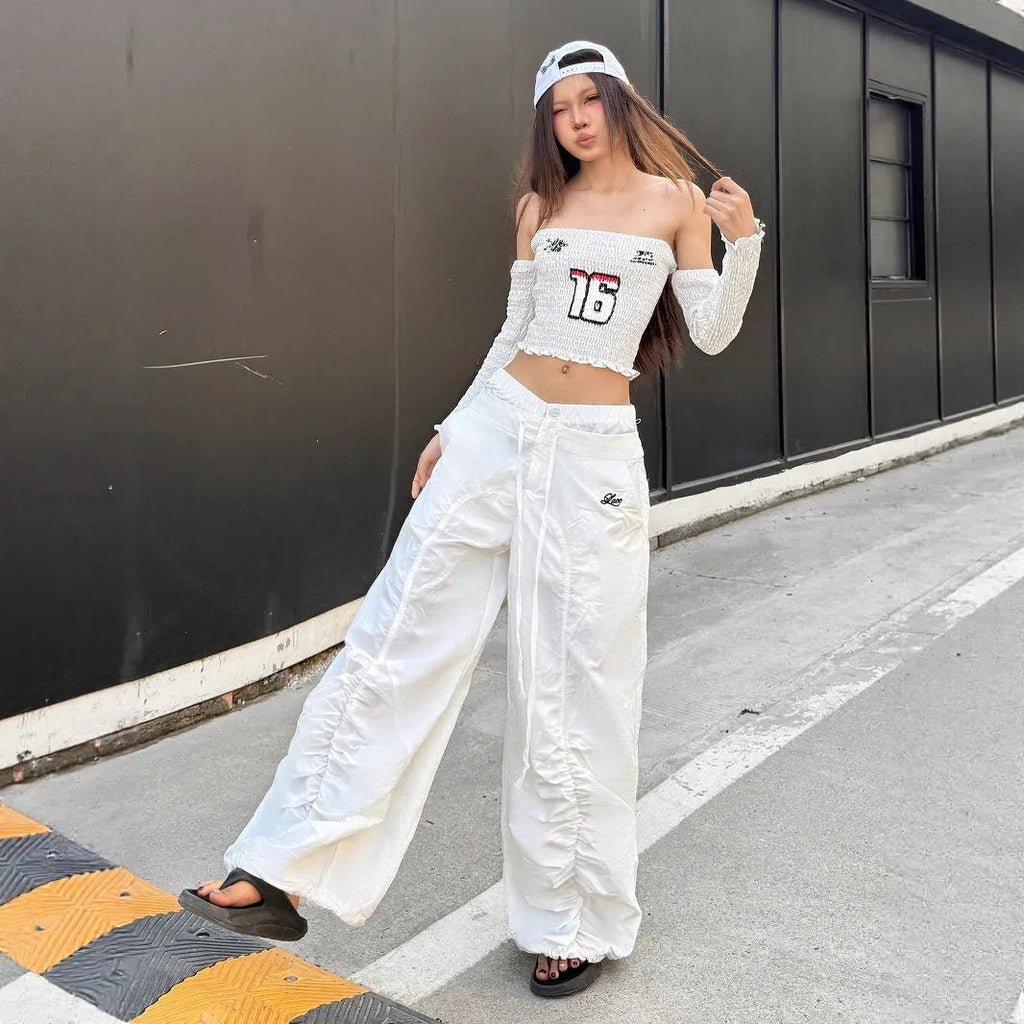 White ruffle drawstring lace letters embroidered slacks with high waist and multiple pockets