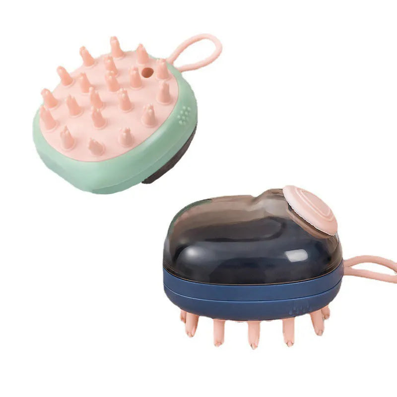 Blue 2-in-1 pet grooming brush with shampoo dispenser for bathing cats and dogs