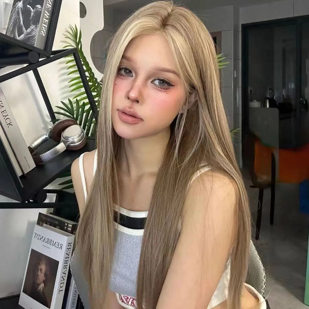 Golden brown gradient centre-parted lace front wig for women with synthetic hair