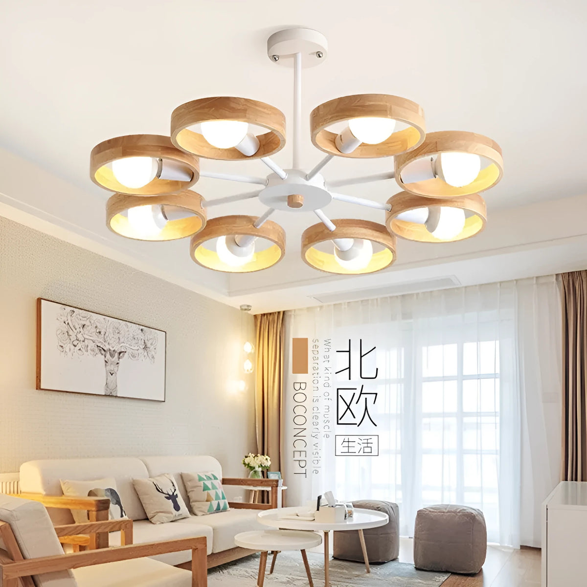 Wooden circle multi-head chandelier ceiling light in black or white with 3, 6 or 8 heads and warm light