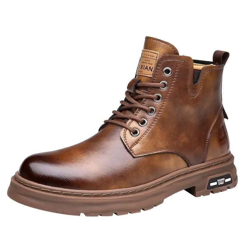 Men's black lace-up work boots with round toe and thick rubber sole for outdoor use