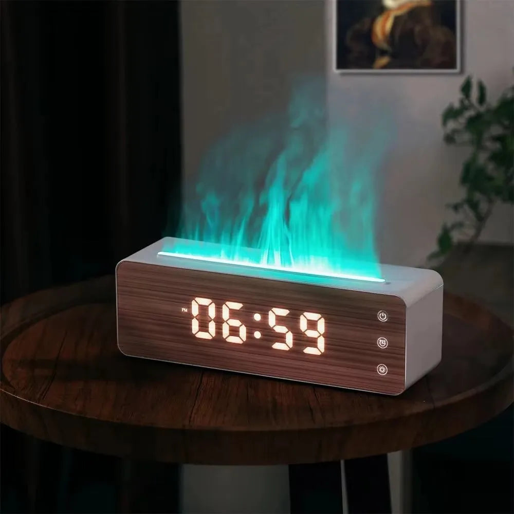 White ABS flame humidifier with wood grain panel, clock and humidity display, 280 x 85 x 95 mm