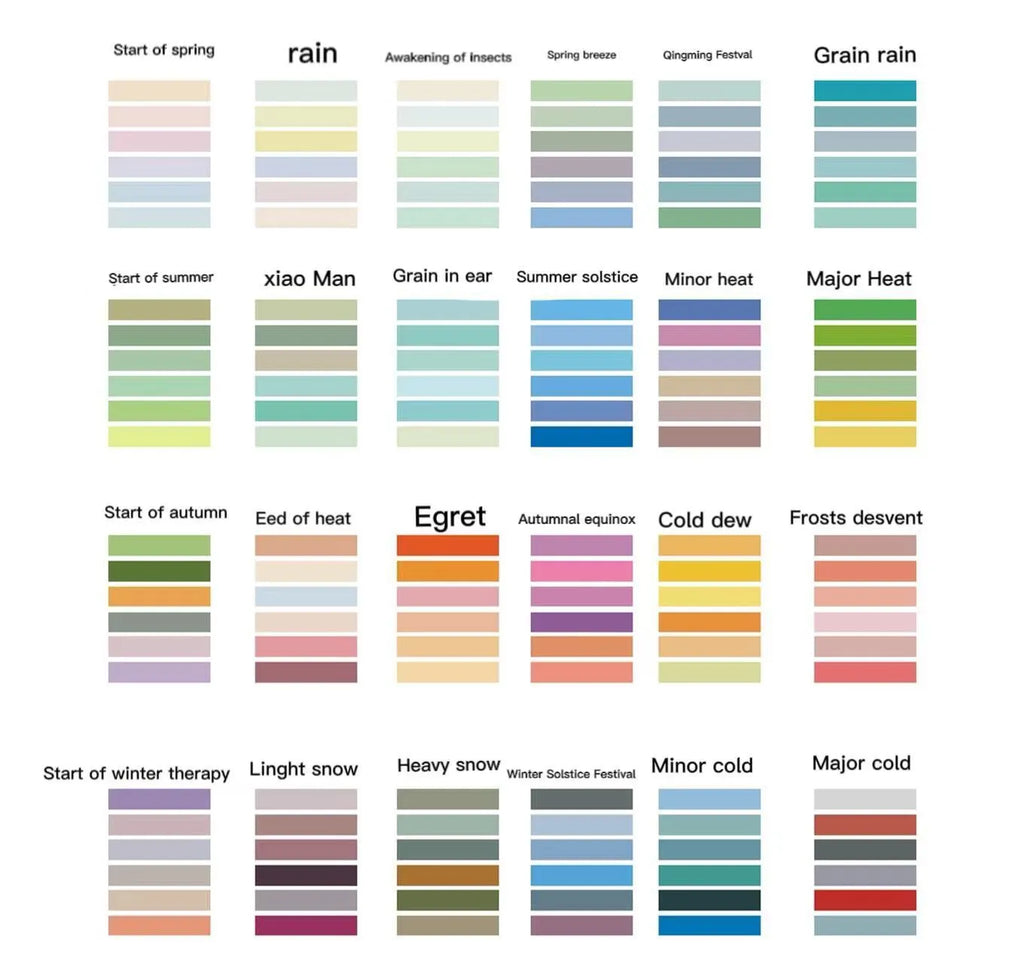Six rolls of solid colour decorative tape with 24 solar term designs for manual ledger and album use