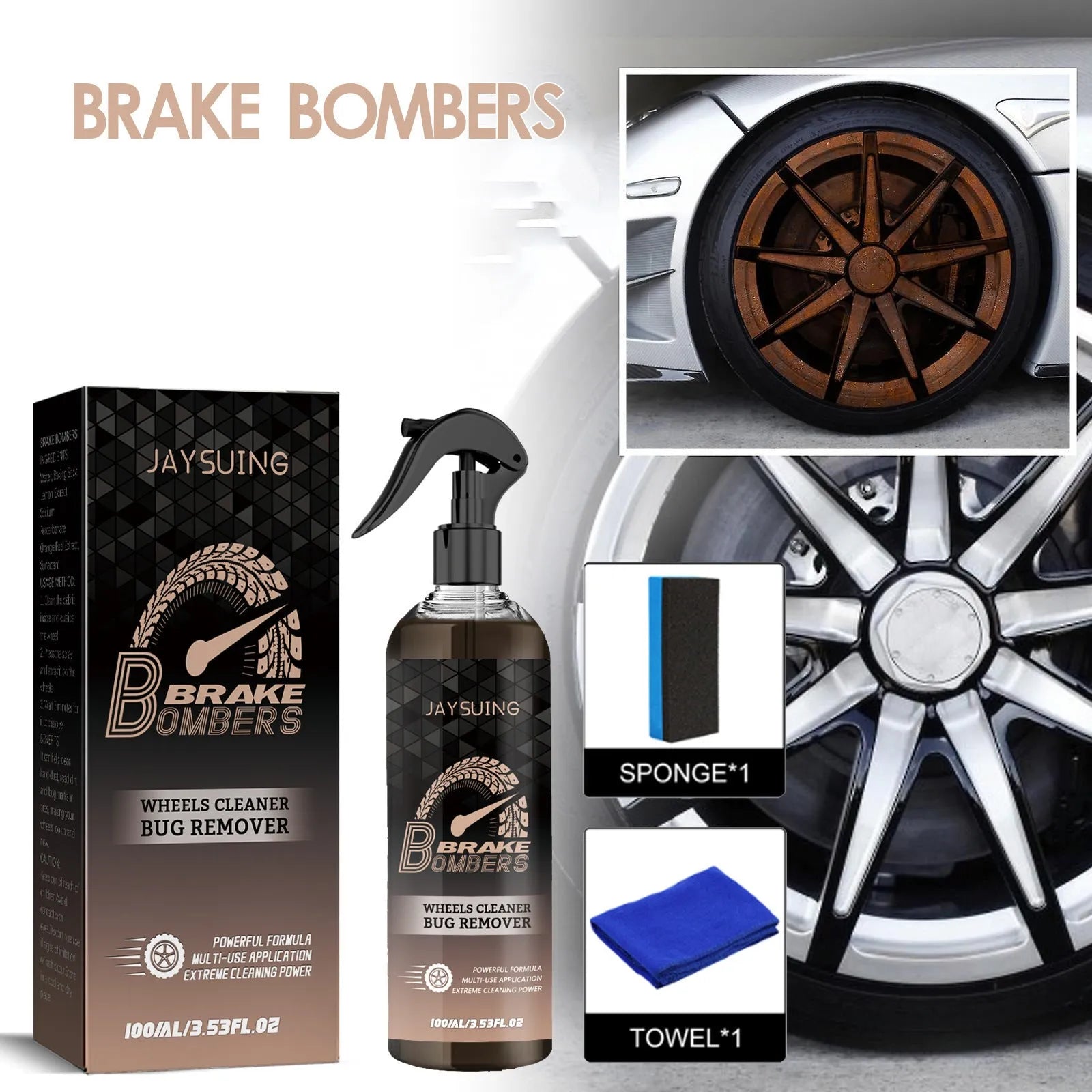 Brake disc cleanser kit with 100ml bottle, sponge, and cloth for car brake maintenance