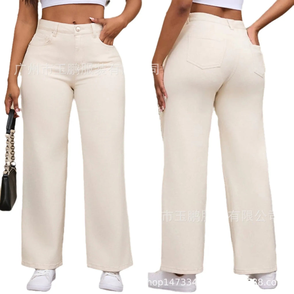 Women's high-waist wide-leg straight jeans in apricot colour, made from cotton.
