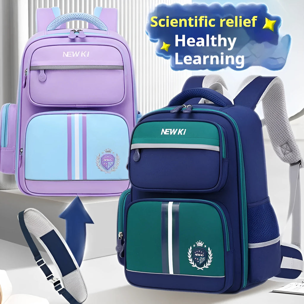 Children's waterproof canvas school backpack in solid colour with curved shoulder straps and spine protection