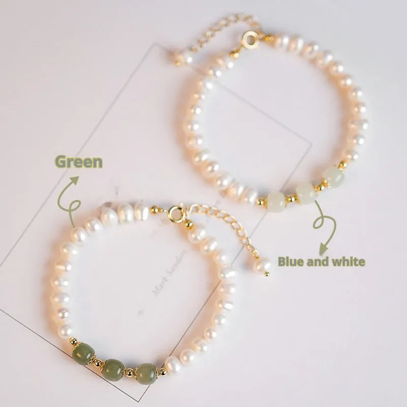 Freshwater pearl bracelet with diamond shape design in Korean style showing electroplated finish in Hetian jade colour