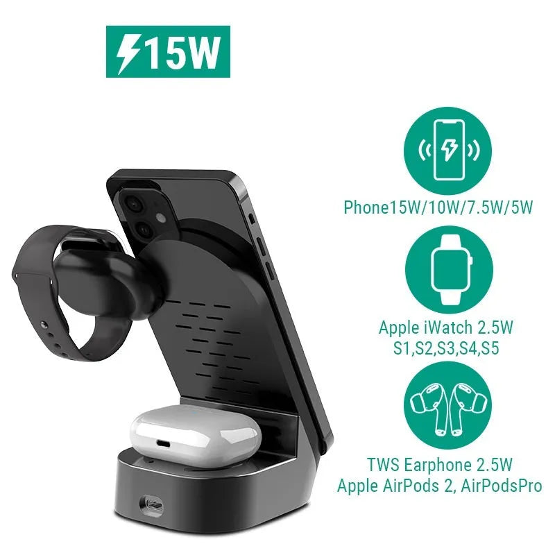 Space grey foldable 3-in-1 wireless charger stand with phone, smartwatch, and earbuds case charging simultaneously.