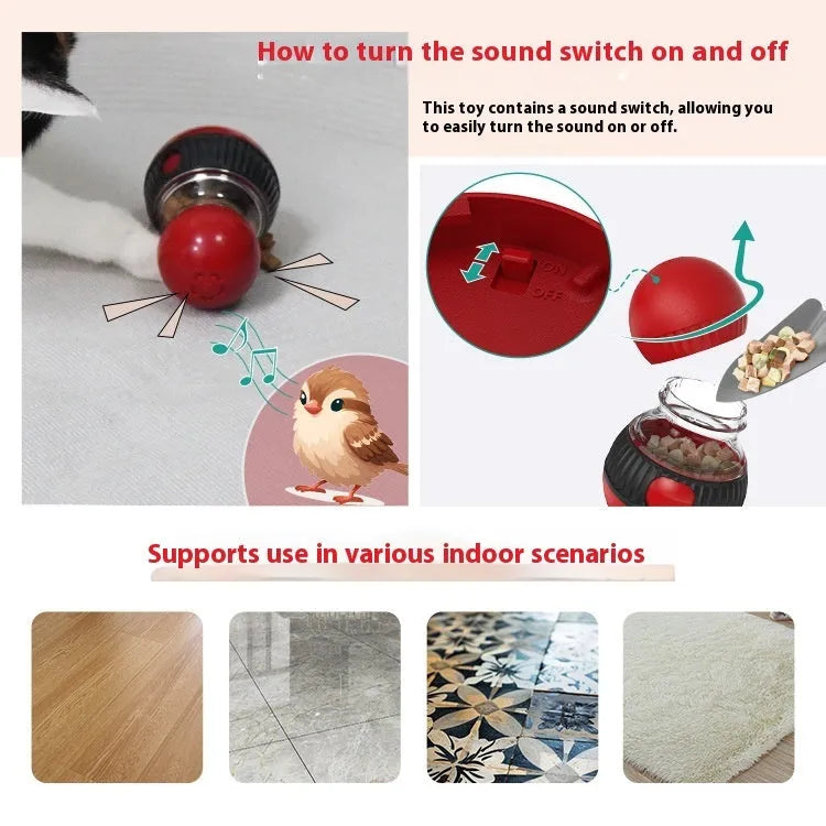 Plastic rotating cat toy with sound and food-dropping mechanism in super ball colour design.