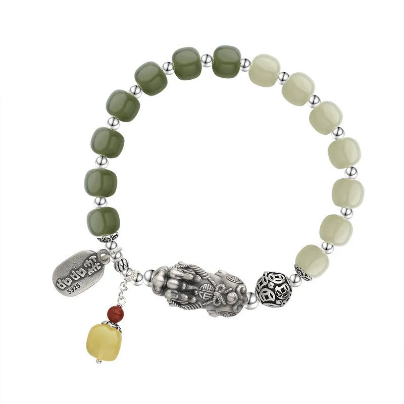 Women's pure silver coin bracelet with natural Hetian jade beads in retro style