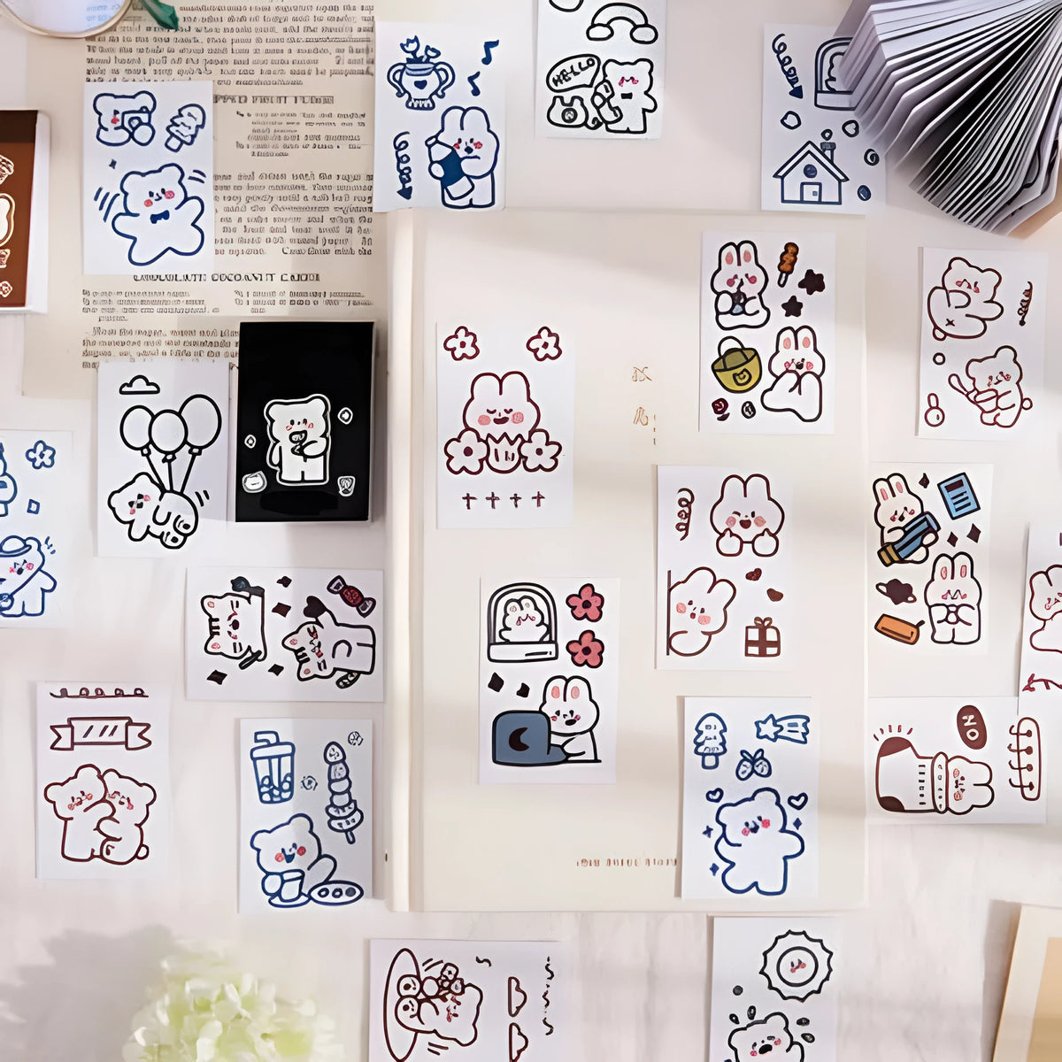 50 sheets of 40x60mm decorative stickers in Japanese composite paper with Bear, Rabbit and Pepsi Cute styles