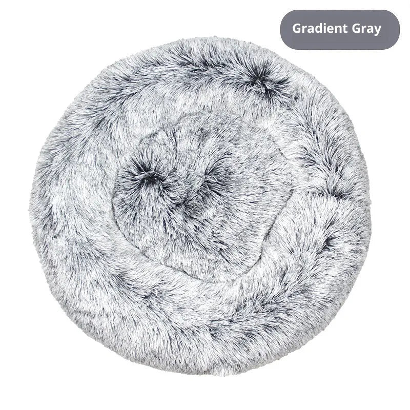 Plush fabric pet bed in round shape for dogs and cats multiple sizes and colours