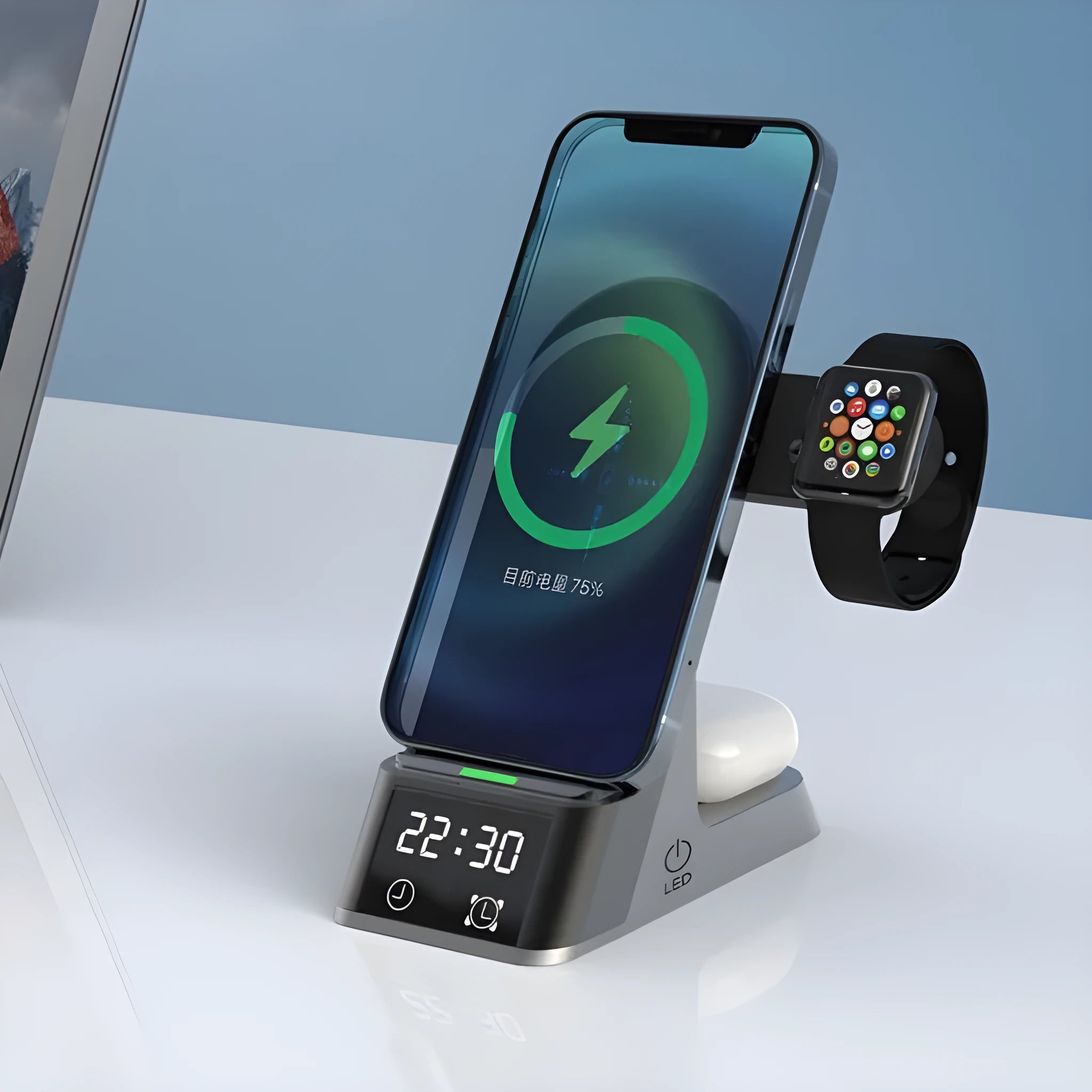 Black six-in-one wireless charging alarm clock showing phone, Apple Watch, and earphones on charging areas.
